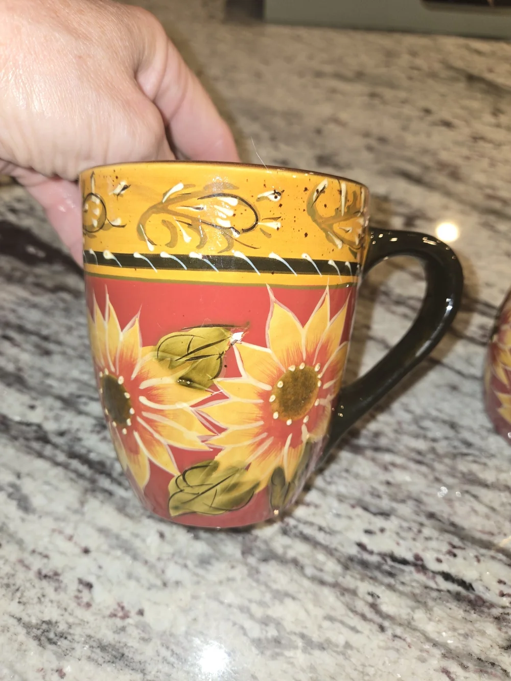 Pier 1 Imports Sunflower Coffee Mug Hand Painted Terracotta 12oz Set Of 2
